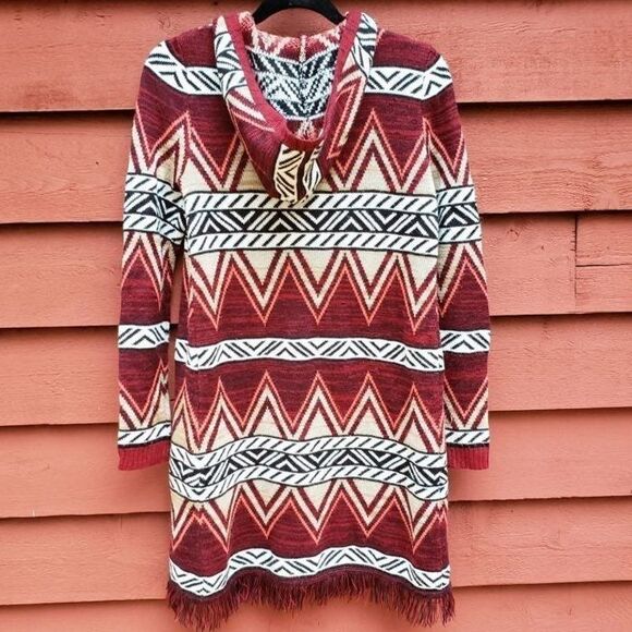 Open front hooded sweater cardigan fringe hem south western Sz Medium M - Picture 3 of 8